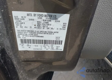 2007 Ford F-150 Xlt/Lariat/Stx/Xl z USA, uszkodzony, nr VIN 1FTPX12V07FB90480